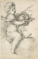 Seated Putto Holding a Basket of Fruit, Anonymous, Spanish, School of Seville, 17th century  Spanish, Black chalk reinforced in some places with pen and dark brown ink. On off-white paper