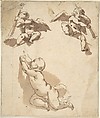 Study of a Child and Two Angels Holding Trumpets, Anonymous, Spanish, School of Seville, 17th century  Spanish, Pen and dark brown ink with brush and brown wash over black chalk underdrawing. Composition outlined with black chalk. On light beige paper