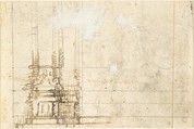 The Infant Saint John the Baptist with the Infant Christ in the Wilderness (recto); Fragment of Architectural Design with Engaged Corinthian Columns (verso), Attributed to Pedro  Duque Cornejo (Spanish, 1677–1757), Pen and light brown ink, selectively reinforced with dark brown ink, over black chalk underdrawing. Border lines in the same brown ink (recto). Fragment of architectural design with engaged Corinthian columns. Pen and light brown ink over ruling in black chalk (verso). On off-white paper