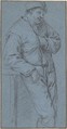 Study of a Standing Peasant, Adriaen van Ostade (Dutch, Haarlem 1610–1685 Haarlem), Black and white chalk on blue paper; framing lines in pen and brown ink