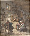 Reading the News at the Weavers' Cottage, Adriaen van Ostade (Dutch, Haarlem 1610–1685 Haarlem), Pen and brown ink, watercolor, white heightening, over traces of graphite; framing lines by the artist (?) in pen and brown ink and gold