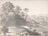 Landscape, Cornelis van Poelenburch  Dutch, Brush and gray wash over black chalk