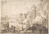 Landscape with the Calling of St. Peter, Jacob Pynas  Dutch, Pen and brown ink; framing lines in pen and brown ink