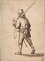 A Walking Musketeer, seen from behind, Anthonie Palamedesz. (Dutch, Delft 1601–1673 Amsterdam), Black chalk, brush and brown ink, brown wash, some spots of blue watercolor along the edges; framing lines in pen and brown ink