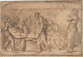The Entombment, after Mantegna, Rembrandt (Rembrandt van Rijn) Dutch, Pen and brown ink, brush and brown wash, over red chalk, heightened with white