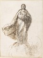 Virgin of the Immaculate Conception Standing on Clouds, Pedro  Duque Cornejo  Spanish, Pen and dark brown ink, over black chalk underdrawing. On off-white paper