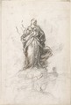 Virgin of the Immaculate Conception Standing on Clouds, Pedro  Duque Cornejo  Spanish, Black chalk reinforced with pen and dark brown ink; composition outlined with black chalk. On off-white paper