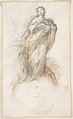 Virgin of the Immaculate Conception Standing on Clouds, Pedro  Duque Cornejo  Spanish, Pen and light brown ink over black chalk underdrawing; composition outlined with traces of black chalk. On off-white paper