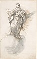 Virgin of the Immaculate Conception Standing on Clouds, Pedro  Duque Cornejo  Spanish, Pen and dark brown ink, with brush and gray wash, over black chalk underdrawing. On off-white paper