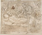 Death of a Male Saint (Joseph?) with Four Secondary Figures, Anonymous, Spanish, School of Seville, 17th century  Spanish, Pen and brown ink with brush and brown wash over black chalk underdrawing.  On off-white paper
