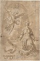 An Angel Appearing to Saint Catherine of Alexandria in Prison (recto); Volute (verso), Anonymous, Spanish, School of Seville, 17th century  Spanish, Pen and brown ink with brush and brown wash, highlighted with white gouache (now mostly oxidized) over traces of black chalk (recto). Composition outlined with graphite.  On light beige paper.  Red chalk (verso)