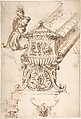 Design for a Liturgical Object with Statues of a Kneeling Saint and the Risen Christ (recto); Design for a Sepulcher (?) and Drawing of a Putto (verso), Anonymous, Italian, 18th or early 19th century, Pen and brown ink with brown wash