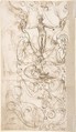 Term with snails and strapwork (recto); Candelabra grotesque with two figures (verso), ? attributed to Andrés de Melgar (Spanish, documented S. Domingo de la Calzada, died after 1554), Pen and brown ink