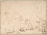 The Wedding Night of Tobias and Sarah, Rembrandt (Rembrandt van Rijn) (Dutch, Leiden 1606–1669 Amsterdam), Pen brown ink, brush and brown wash; framing lines in pen and brown ink