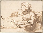Woman Reading, Rembrandt (Rembrandt van Rijn) (Dutch, Leiden 1606–1669 Amsterdam), Pen and brown ink, brush and brown wash; framing lines in pen and brown ink