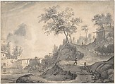 Landscape, Roelant Roghman  Dutch, Pen and brown ink, brush and gray wash on beige paper; framing lines in pen and black ink