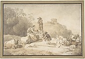 Pastoral, Willem Romeyn Dutch, Black chalk, brush and brown wash; framing line in black ink