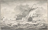 Merchant Ships and Smaller Sailing Boats in a Strong Breeze, Dolphins in the Waves, Hendrick Rietschoof  Dutch, Pen and gray ink and wash