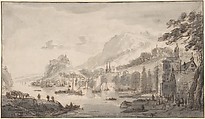Town by a Large Body of Water, Abraham Rademaker  Dutch, Black chalk, pen and brown ink, brush and gray wash. Framing line in pen & black ink.