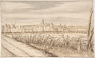 View of Gouda Seen from the Southeast with the Janskerk in the Center, Abraham Rutgers  Dutch, Black chalk, pen and brown ink, brown and gray wash