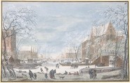 Snow Falling on a Dutch Town, Abraham Rademaker  Dutch, Gouache and watercolor; framing lines in pen and black ink and in gilt.