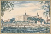 View of the Dessau Castle from the East, Heinrich Olivier  German, Watercolor, heightened with white bodycolor. Framing line in gold.