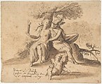 Hermes, Venus, and Cupid in a Landscape, Peter Bruck German, Pen and brown ink, brush and brown wash. Framing line in pen and brown ink