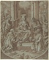 The Adoration of the Magi (Cartoon for an Embroidery), Diego Lopez de Escuriaz Spanish, Pen and brown ink, brush and brown wash, highlighted with white gouache, over black chalk, on blue-green paper; outlines finely pricked for transfer