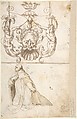 Fantastical creatures, birds, and strapwork cartouche (recto); grotesque mask and kneeling priest (verso), ? attributed to Andrés de Melgar (Spanish, documented S. Domingo de la Calzada, died after 1554), Pen and brown ink (recto); pen and brown ink with brush and brown wash; black chalk (verso)