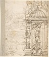 Two scenes; a reclining warrior above, sleeping cupid below (recto); grotesque niche with standing warrior (verso), ? attributed to Andrés de Melgar (Spanish, documented S. Domingo de la Calzada, died after 1554), Pen and brown ink