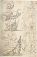 Flemish Grotesque Creatures and a Candelabra Grotesque (recto); Candelabra Grotesques with Mask (verso), attributed to Andrés de Melgar (Spanish, documented S. Domingo de la Calzada, died after 1554), Pen and dark brown ink (recto); pen and dark brown ink; composition within ruled framing lines at left border of sheet, and at right side of composition (verso)