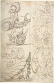 Flemish Grotesque Creatures and a Candelabra Grotesque (recto); Candelabra Grotesques with Mask (verso), Attributed to Andrés de Melgar (Spanish, documented S. Domingo de la Calzada, died after 1554), Pen and dark brown ink (recto); pen and dark brown ink; composition within ruled framing lines at left border of sheet, and at right side of composition (verso)