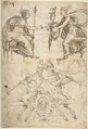 Sheet with multiple Designs: Figurative Scene with Two Women (top) and Two Satyrs Playing Horns, Seated Back to Back (bottom) (recto); Three Candelabra Grotesques (verso), attributed to Andrés de Melgar (Spanish, documented S. Domingo de la Calzada, died after 1554), Pen and dark brown ink (recto); pen and dark brown ink (verso)