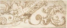 Frieze Design with Acanthus Scrolls, Hybrid Creatures and a Winged Putto, Andrés de Melgar Spanish, Pen and brown ink with brown wash