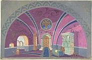 Stage Design Showing a Vaulted Hall with Double-Headed Bird Seal, Pavel Petrovic Froman Russian, Watercolor, gouache, gold paint, over graphite.