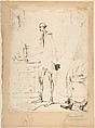 Man in a Nightshirt Reaching for a Bottle Labeled "Fountain of Youth", J. J. Grandville French, Pen and brown ink on wove paper, laid down on brown wove paper