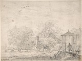 House among Trees, at Right Man and Dog on a Footbridge, Jacob van Ruisdael  Dutch, Black chalk