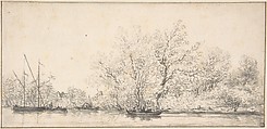 River Scene with Boats before a densely Wooded Bank, Salomon van Ruysdael  Dutch, Black chalk and gray wash, pen and black ink. Framing line in pen & black ink.
