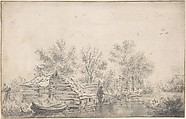Canal Landscape with a Fisherman, Jacob van Ruisdael  Dutch, Black chalk, brush and gray wash; framing lines in pen and brown ink