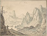 River Landscape with Mountains, Herman Saftleven II  Dutch, Black chalk, black, brown and blue wash