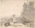 A Duck Sleeping near a Broken Wheel in a Farmyard, a Chicken beyond, Cornelis Saftleven Dutch, Black and red chalk, gray and brown wash