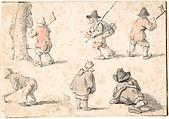 Studies of Peasants, Herman Saftleven II  Dutch, Black chalk, brush and gray and pink wash. Framing lines in pen and brown ink at top, right, and bottom margins.
