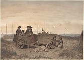 A Fisherman's Family at the Beach, the Mother and One of the Children Sitting in a Cart, Jan Gerard Smits Dutch, Pen and brown ink, brown wash, watercolor, gouache