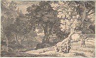 A Wooded Landscape with Travellers by the Roadside, a Stream beyond, Herman van Swanevelt Dutch, Pen and brown ink, brush and gray wash, framing line in black ink
