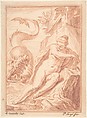 Andromeda, after Agostino Carracci, Pieter Tanjé Dutch, Red chalk, inlaid into french mount with brown and gold framing lines
