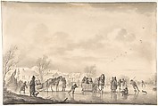 Winter Landscape with Skaters and Horse-Drawn Sledges on the Ice, a Village Below, Andries Vermeulen Dutch, Point of the brush and gray and black in and wash