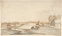 Canal Landscape with Figures, Abraham de Verwer Dutch, Pen and brown ink, brown and gray wash.