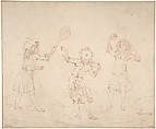 Three Girls Playing at Ball at the Seaside, James W. Allen British, Pen and purple-brown ink, brush and pink wash