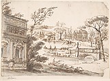 Classical Landscape with Temples (recto); Indecipherable sketch, possibly of a seated figure (verso), Robert Adam  British, Scottish, Pen and brown ink, brush and gray wash