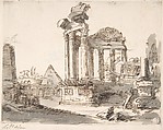 Classical Landscape with Ruins (recto); Two men in Roman military dress (verso), Robert Adam (British, Kirkcaldy, Scotland 1728–1792 London), Pen and brown ink, brush and gray wash, over black chalk